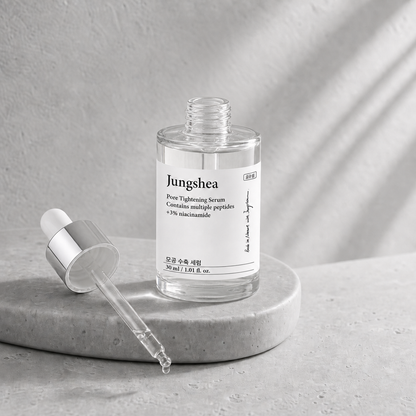 Open Jungshea serum bottle and glass dropper on a gray stone pedestal